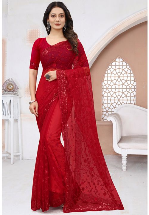 Red Bridal Wedding Indian Designer Net Fabric Saree SRNRF33303 - ShreeFashionWear  