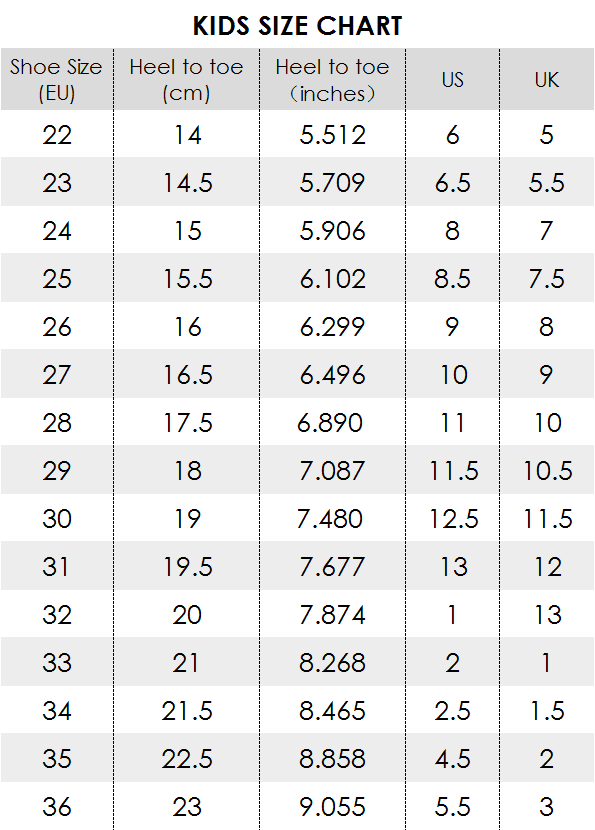 Kid Size Chart | UIN Footwear – AU UIN Footwear