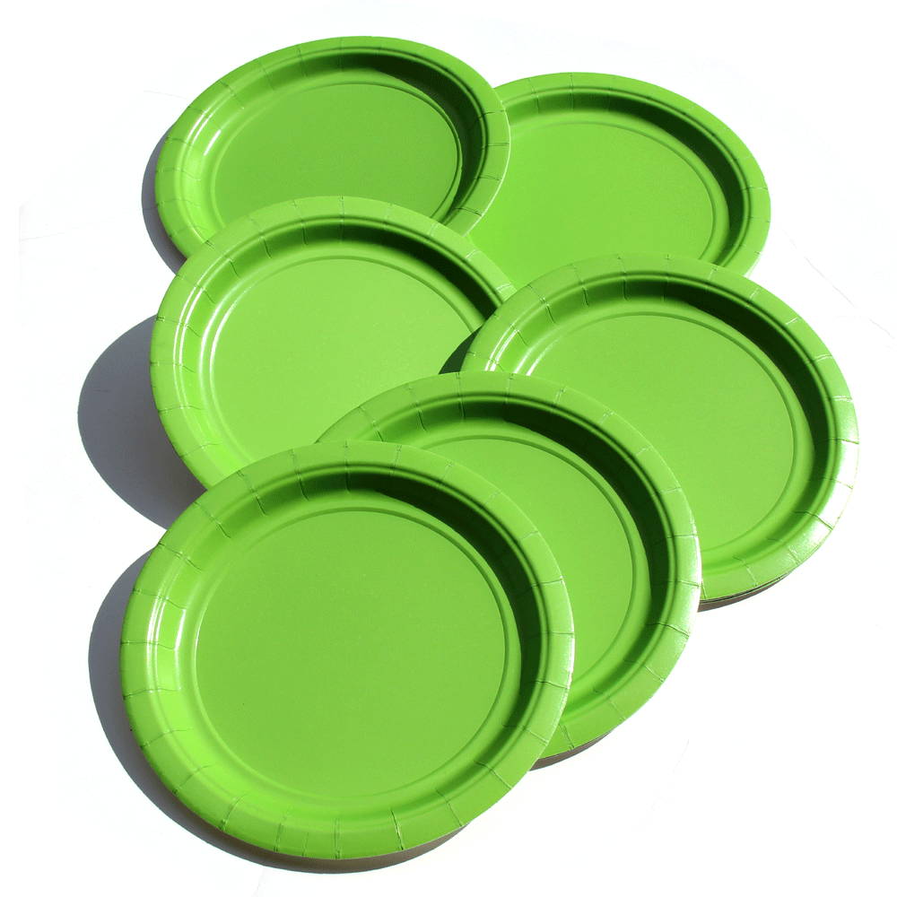 green paper plates and cups