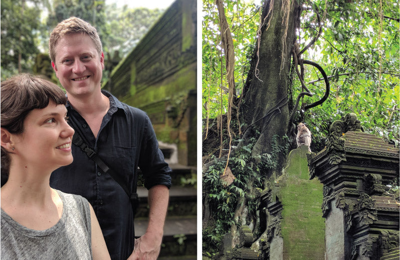 Lindsay and Nate and two monkeys in the Sacred Monkey Forest in Ubud, Bali, Indonesia