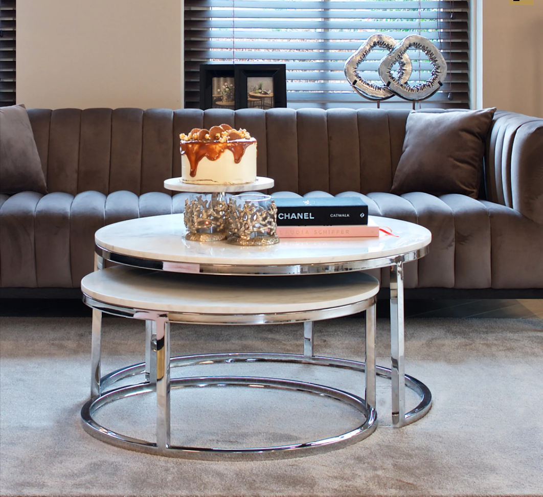 DUO Nesting Coffee Tables Silver White marble effect top center table