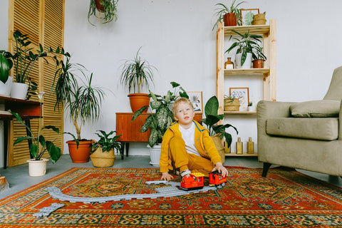 Caption: Incorporating natural elements into your home will positively affect your and your loved ones' well-being. Boy sitting on the floor of a living room with a gray couch in the right corner and a lot of house plants.  Photo by Anna Shvets: https://www.pexels.com/photo/cute-boy-playing-with-toy-train-at-home-3771502/