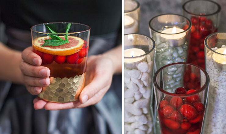 Fill glass vessels with cranberries.