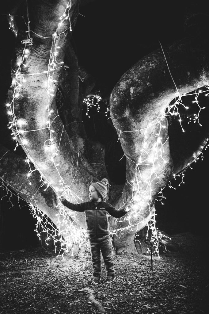 Night photo of boy next to a tree strung with pretty lights