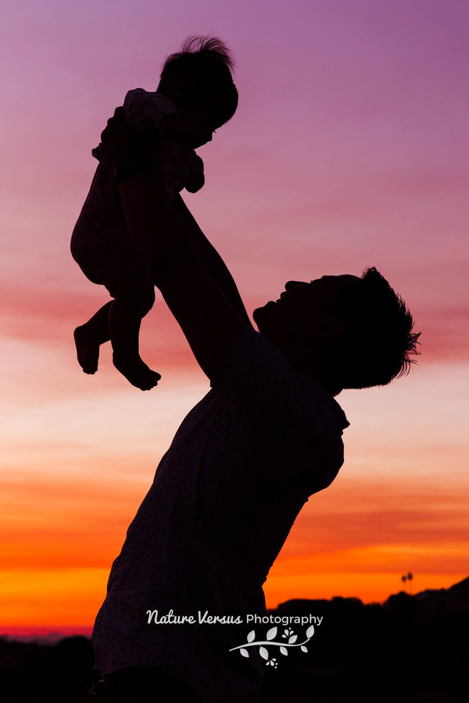 Silhouette image of man holding baby in air