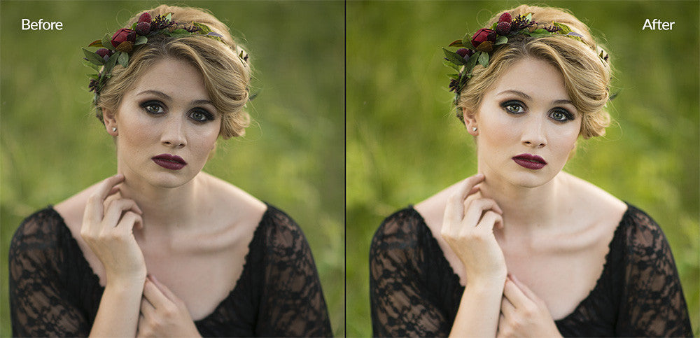 Before and after brightening dark eyes in Lightroom