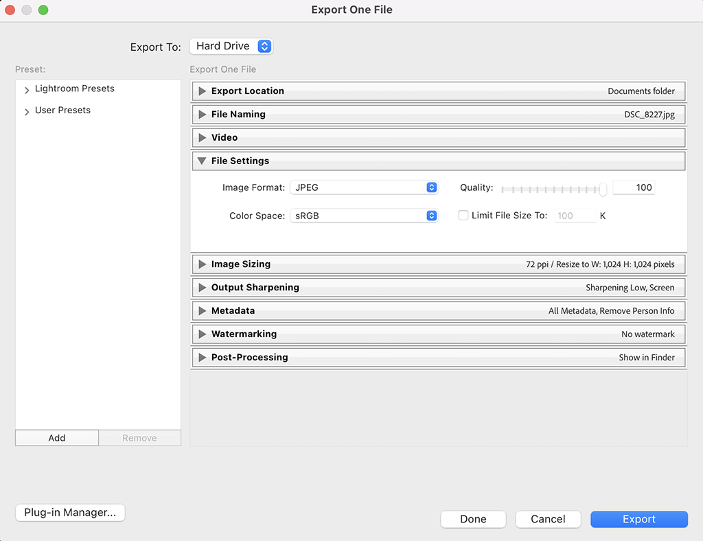 Export Lightroom to Facebook