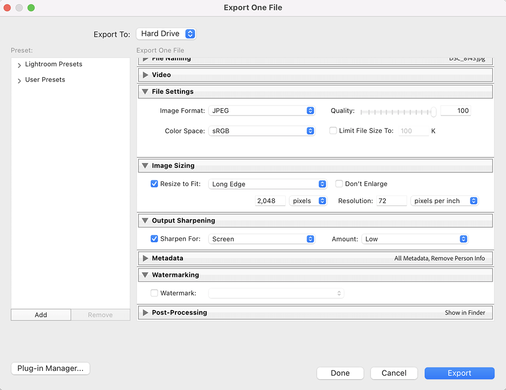 Lightroom Export Settings for Facebook