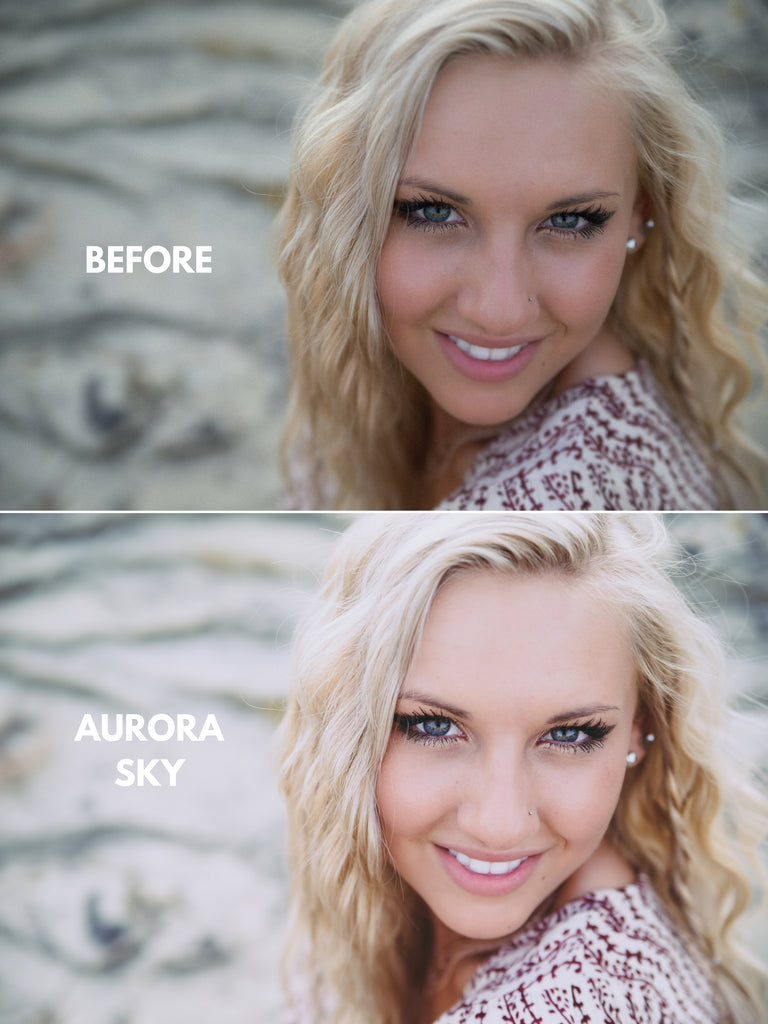 Two image show a before and after of using Lightroom presets to enhance a photo. The top photo is of a blond woman looking over her shoulder at the camera. It's darker and unedited. The bottom photo is the same image, lightened and edited with a preset.