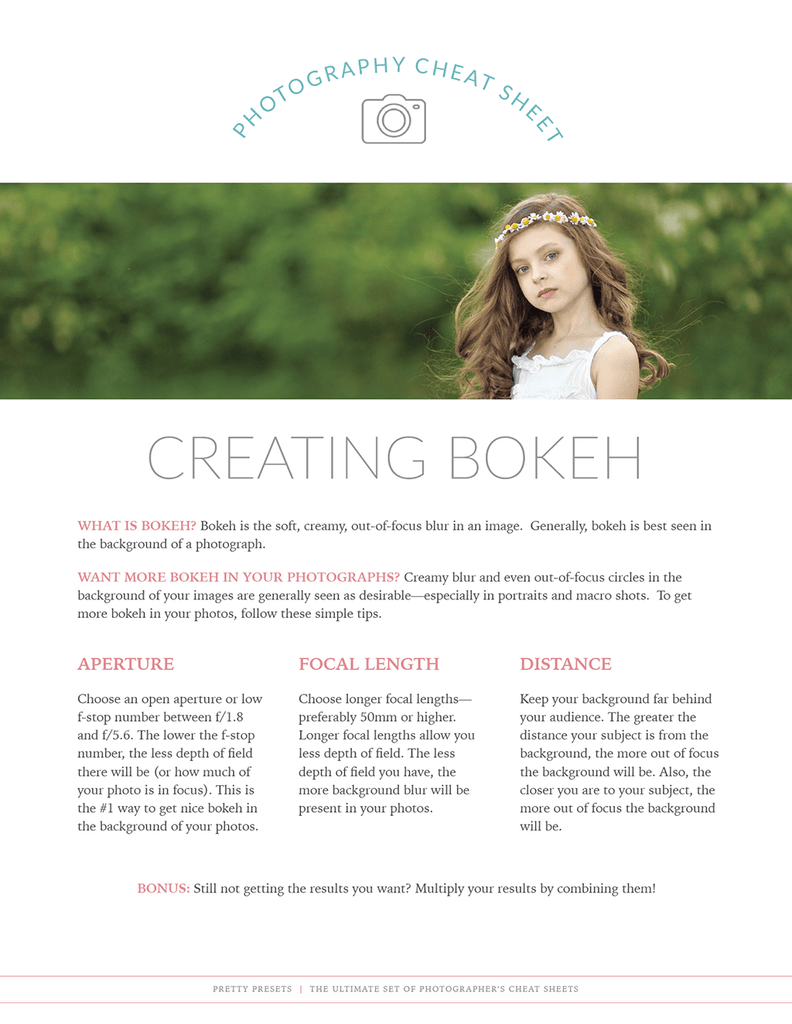 Free Photographers Cheat Sheet: Bokeh Tip Sheet