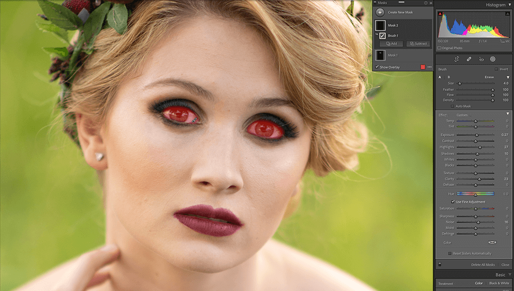 Using Lightroom brushes to brighten and sharpen eyes