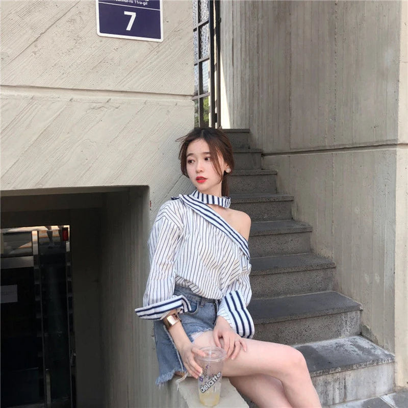 Elegant Streetwear Off Shoulder Striped Shirts