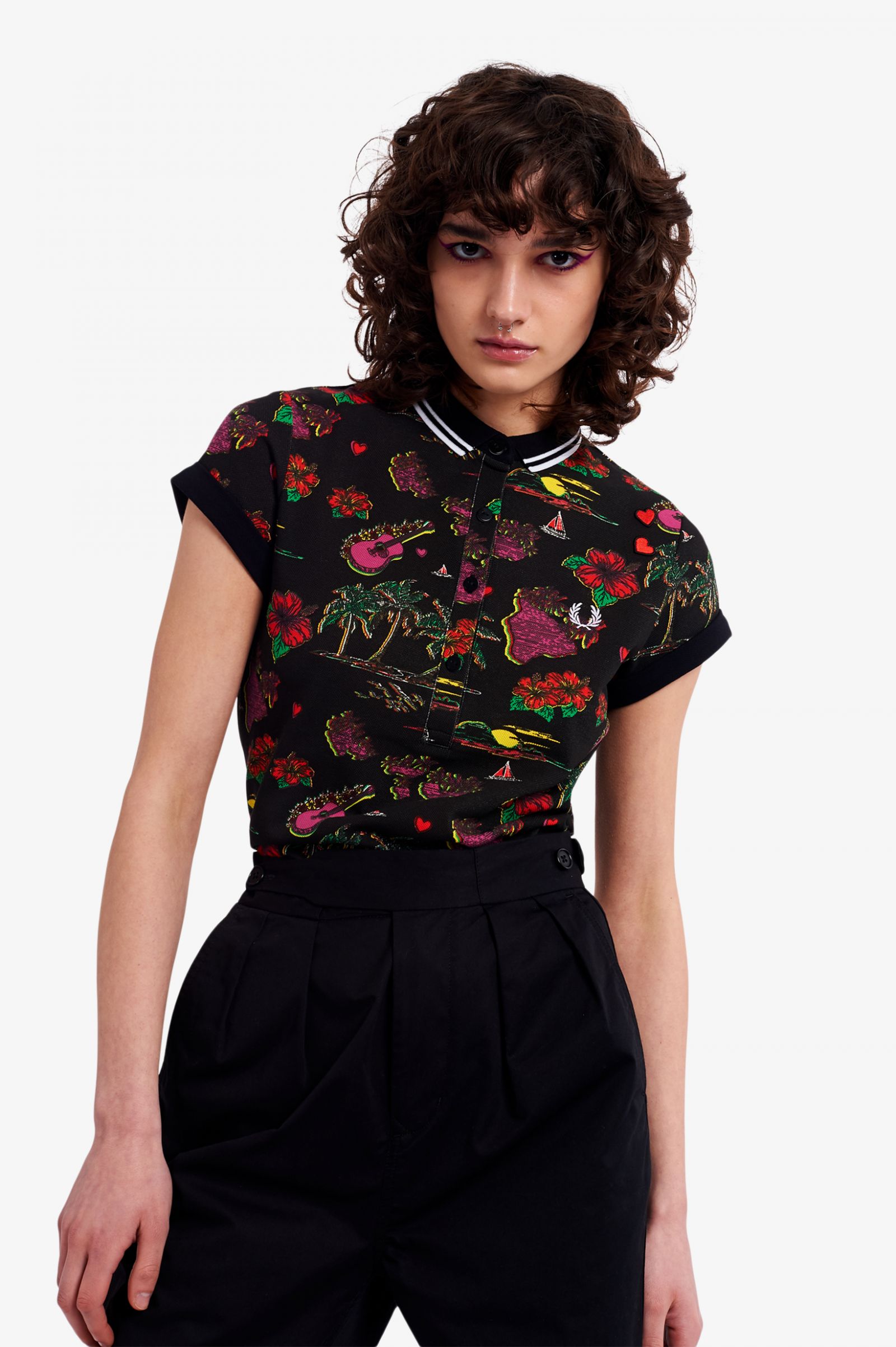 Amy Winehouse Black Hawaiian Print Tie-Front Shirt
