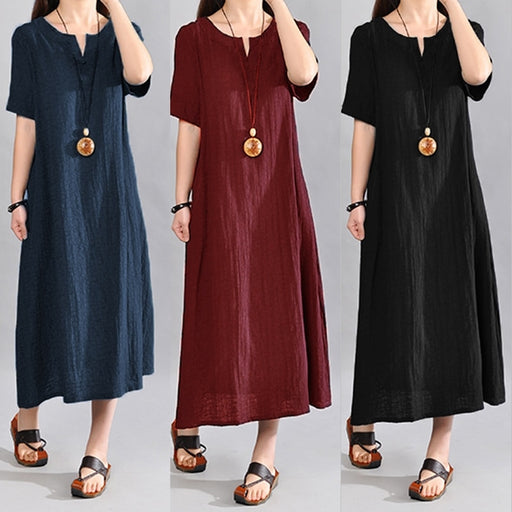 Womens Midi Bohemian Dress Ethnic Style Cotton Linen Turn-Down Collar Dress Plus Size S-5XL 3//4 Sleeve Pocket Button Dress