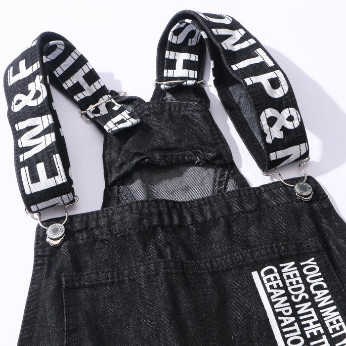 black denim bib overalls