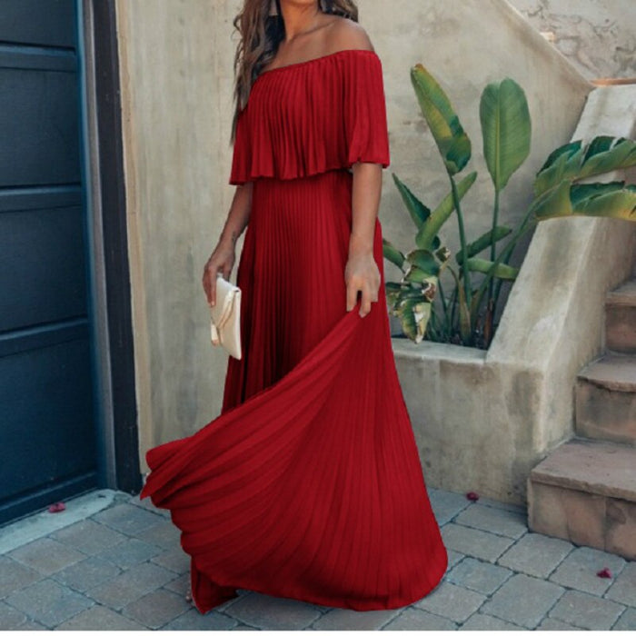 off shoulder pleated maxi dress