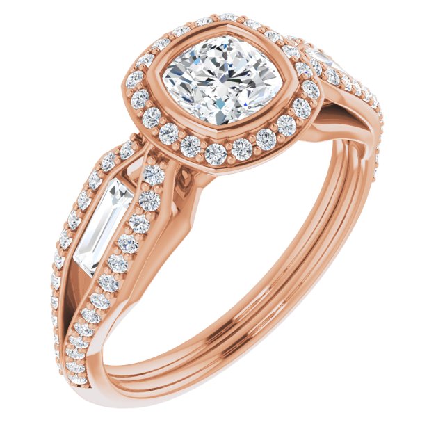 Bezel Cushion Cut Halo Ring with Split-Pavé Band & Channel Baguettes ...