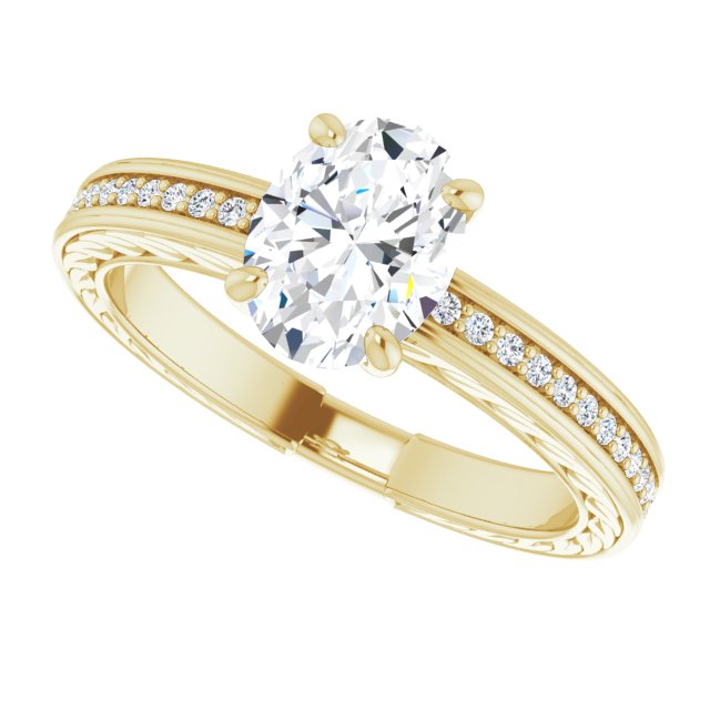 Oval Cut CZ Ring with Round Channel Accents & Hammered Metal Inlay ...