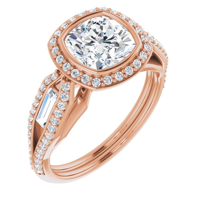 Bezel Cushion Cut Halo Ring with Split-Pavé Band & Channel Baguettes ...