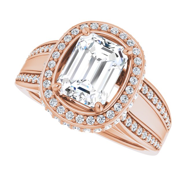 CZ Engagement Ring Halo Emerald Cut w/ Under-halo & Ultra-wide Band ...