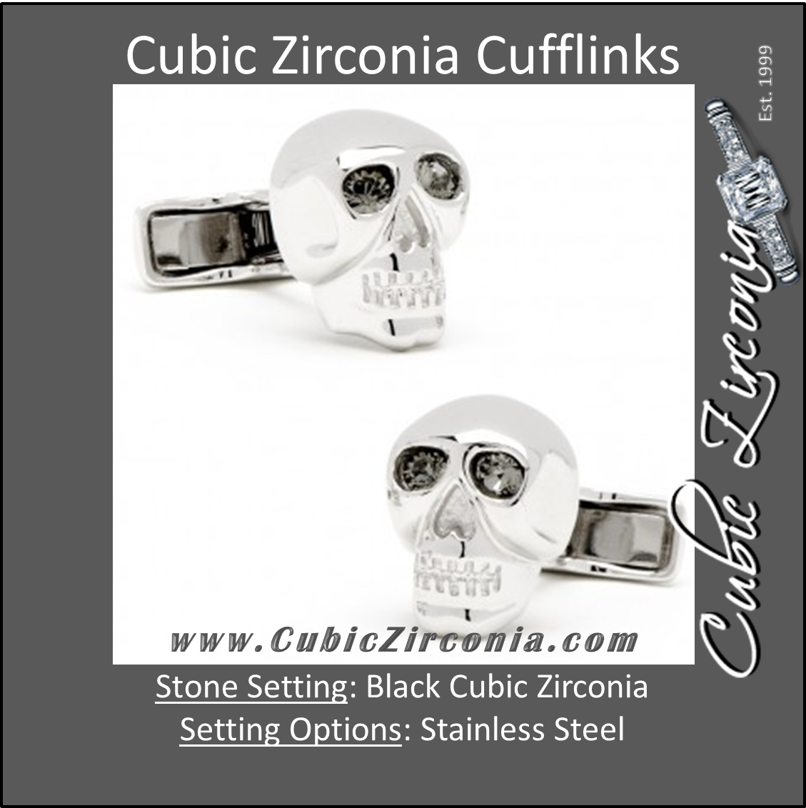 Men’s Cufflinks- Sterling Silver Brilliant Eye Skull (set with black CZs for eyes)