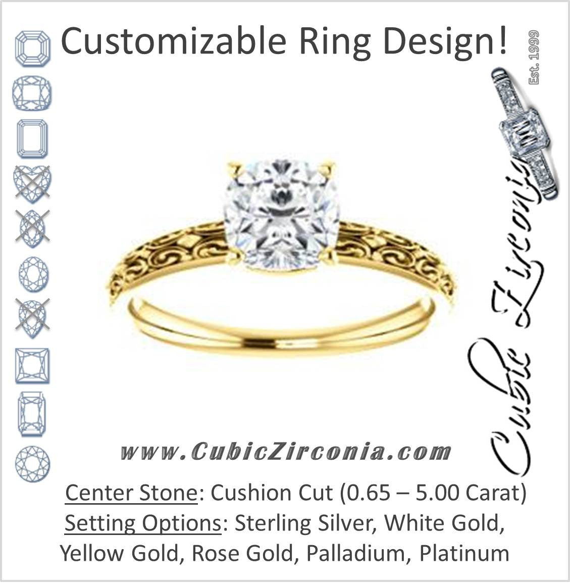 CZ Engagement Ring- Cushion Cut Solitaire with Scrolled Engraving Band - Cubic Zirconia CZ