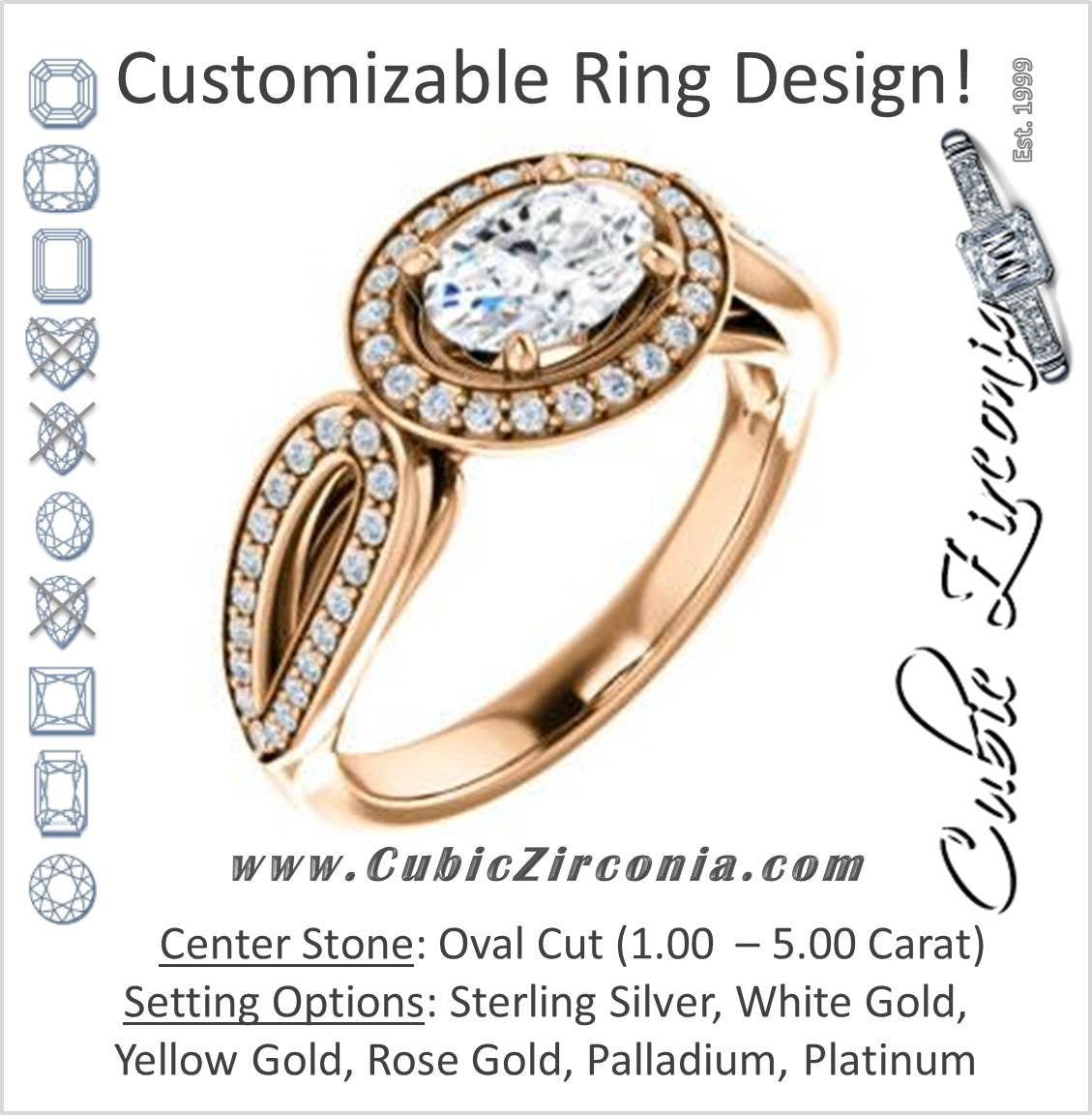 Cubic Zirconia Engagement Ring- The Jordyn Elitza (Customizable Halo-Style Oval Cut with Twisting Pavé Split-Shank)