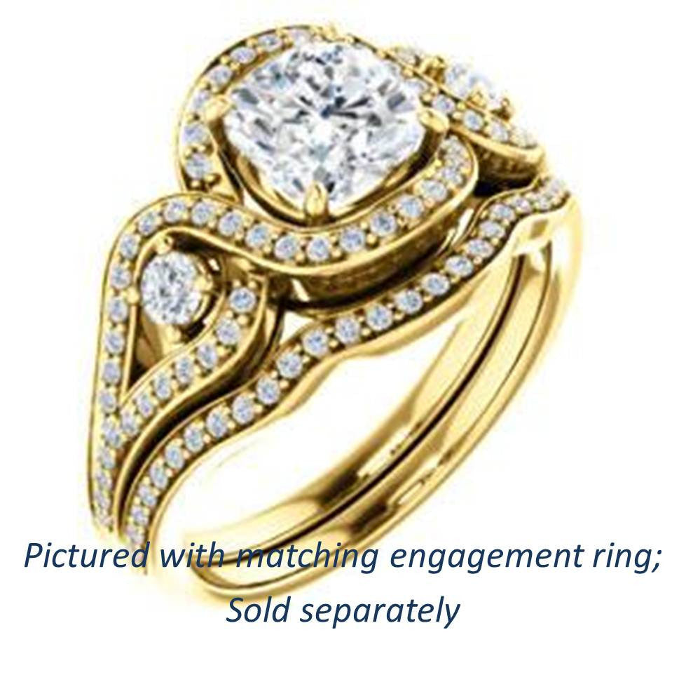 Cushion Cut Ring w/ 2 Round Accents, Twisted Halo & Pavé Split Band ...