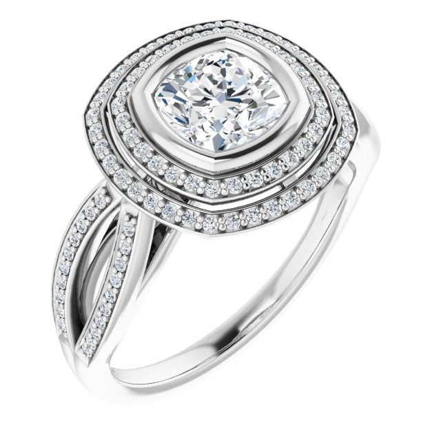 CZ Engagement Ring Bezel Cushion Cut w/ 2x Halo & Split Shared Prong ...