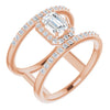 10K Rose Gold Customizable Emerald/Radiant Cut Halo Design with Open, Ultrawide Harness Double Pavé Band