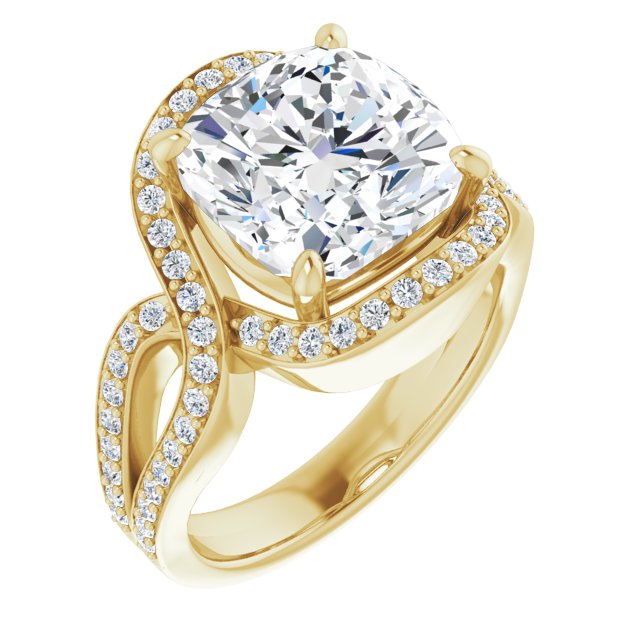 10K Yellow Gold Customizable Cushion Cut Center with Infinity-inspired Split Shared Prong Band and Bypass Halo