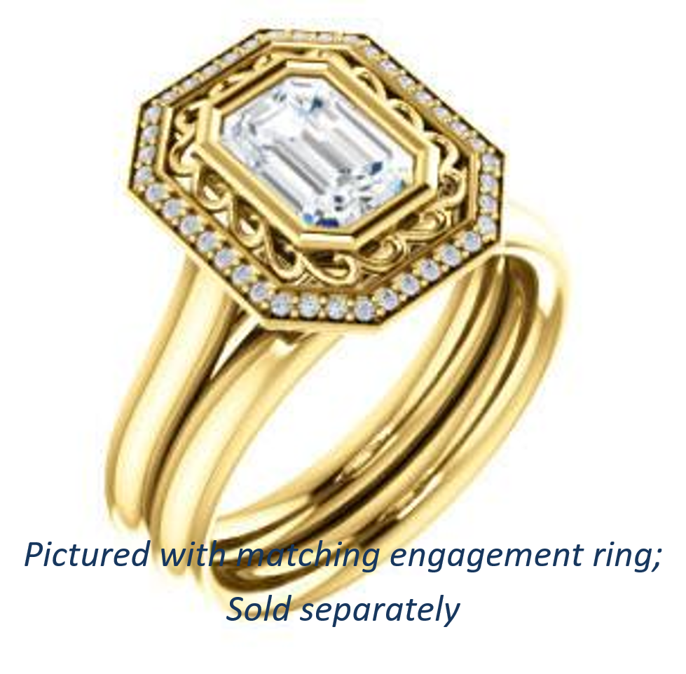 Cathedral-Bezel Emerald Cut Ring with Flowery Filigree and Halo – Cubic ...