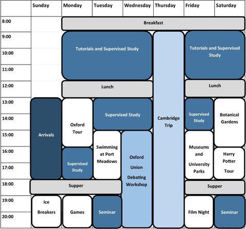 Example timetable for our Oxford Summer School showing tutorial and leisure time for week one