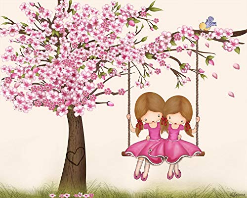 Cherry Blossom Twin Sisters Room Wall Art Kids Bedroom Drawing Nursery Decor Brunette Girls Playroom Poster 8 X10 Unframed Print