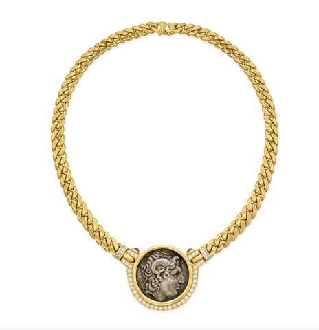 Bulgari Mary Tyler Moore Roman Coin Diamonds Gold Necklace