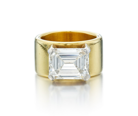 Mary Tyler Moore Wide Gold Band Ring Emerald-Cut Diamond