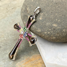 Load image into Gallery viewer, Estate 14KT White Gold Smokey Quartz + Multi-Colored Sapphires Latin Cross Pendant, Estate 14KT White Gold Smokey Quartz + Multi-Colored Sapphires Latin Cross Pendant - Legacy Saint Jewelry