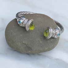 Load image into Gallery viewer, Estate 14KT White Gold Polished Peridot End Caps + Blue Topaz Bangle Bracelet - Legacy Saint Jewelry