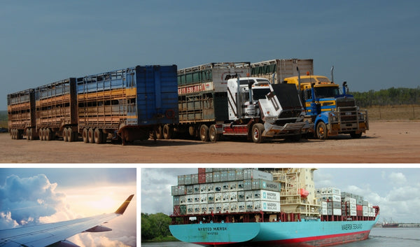 Image collage, top image is of two semi trucks parked on dirt path, bottom right image is of the Maersk Shipping Freighter the largest in teh world, and the bottom left is the wing of the airplane in the perspective of someone flying within the plane.