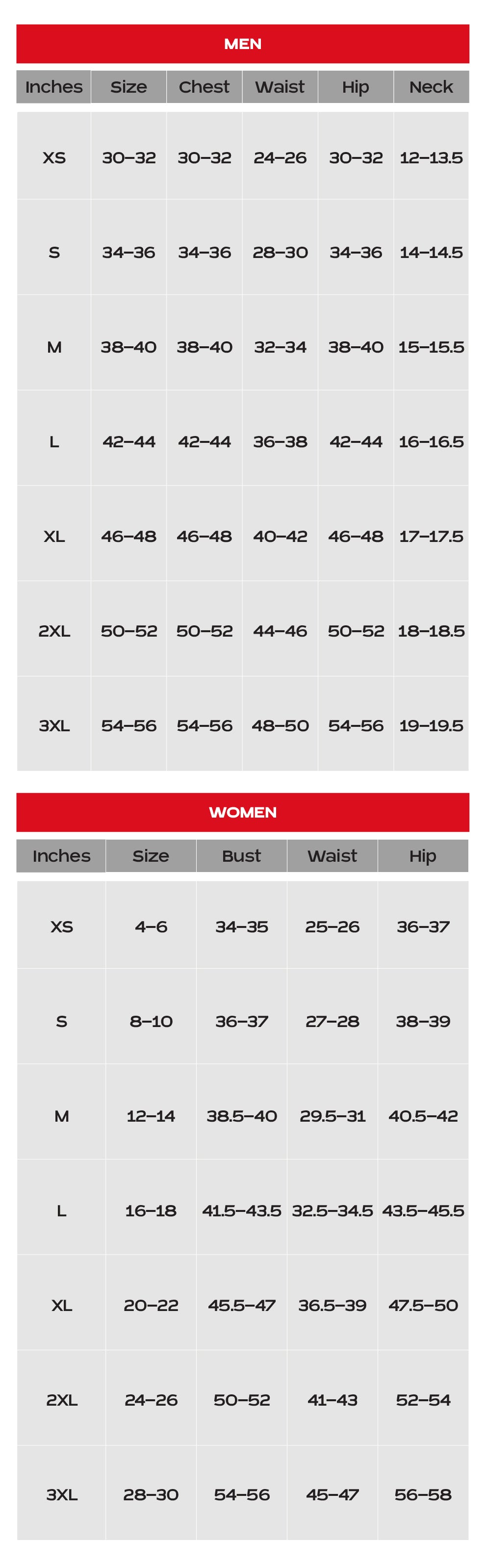 Apparel Size Chart