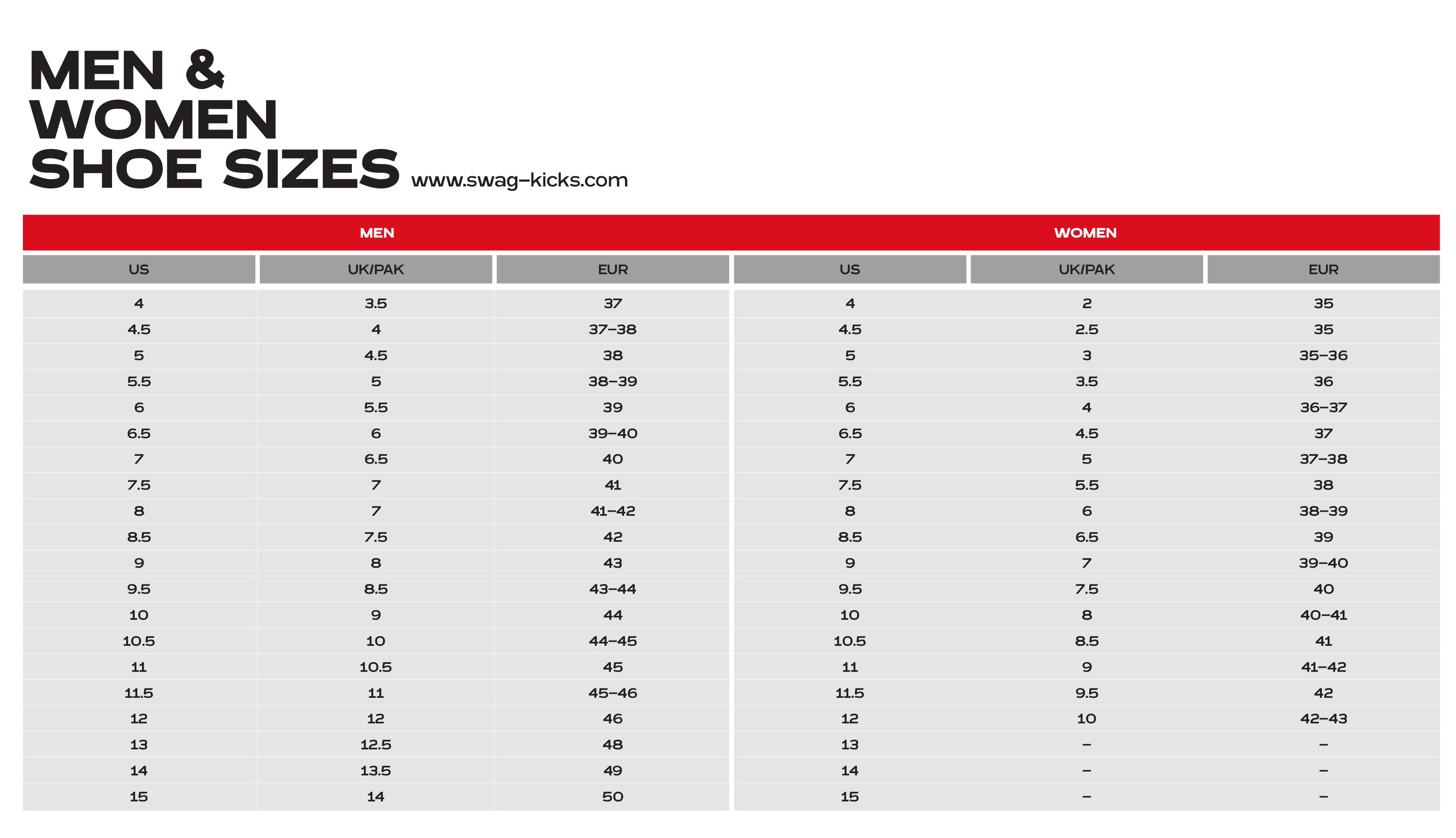 Footwear Size Chart