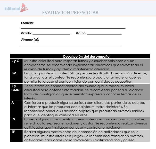 Sugerencias y Observaciones para llenar los Reportes de Evaluación  Preescolar por Editorial MD – Maesdi