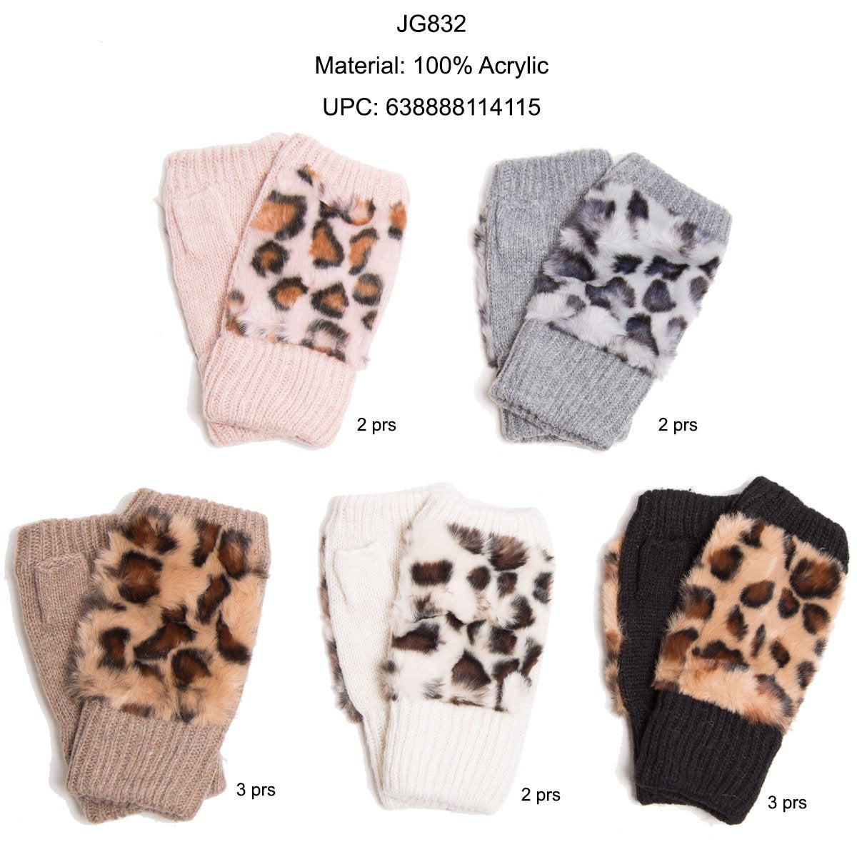 Leopard Print Faux Fur & Knitted Fingerless Gloves - 12Pc Set GDPJG832-JT