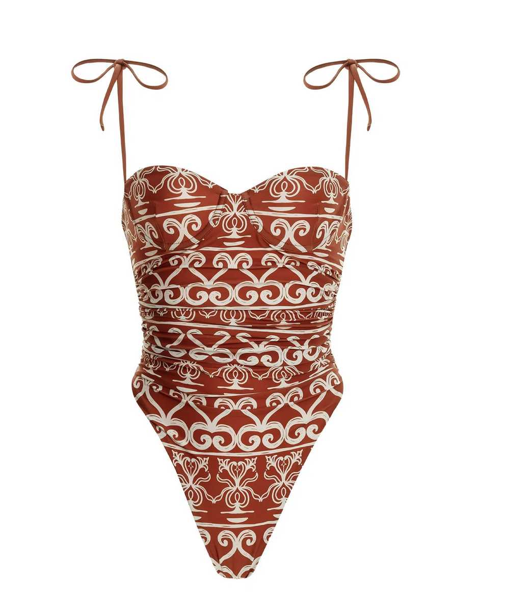 Womens Tie Shoulder Swimsuit | Ruched Bathing Suit with Print