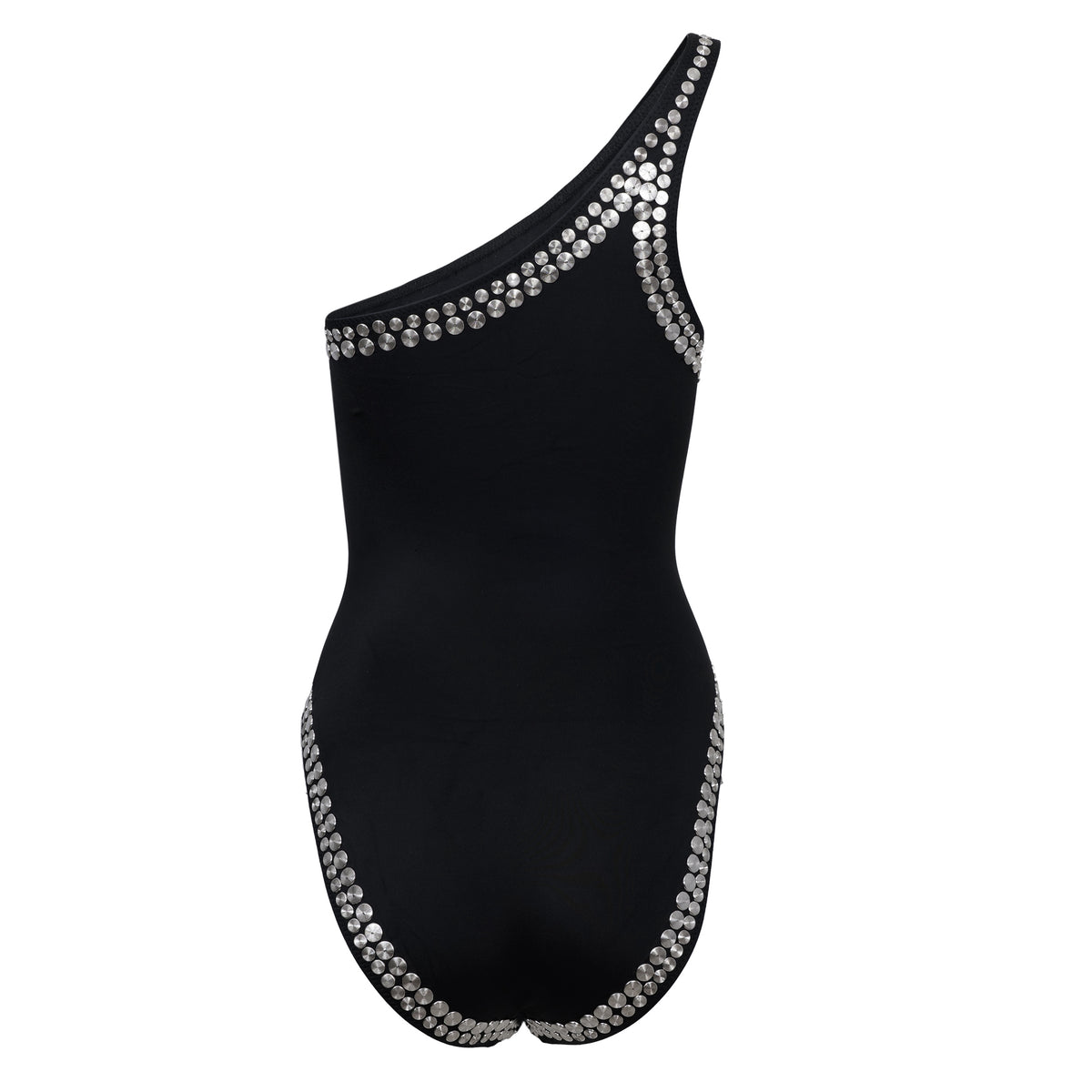 Black One Shoulder Swimsuit with Metal Studs | Norma Kamali