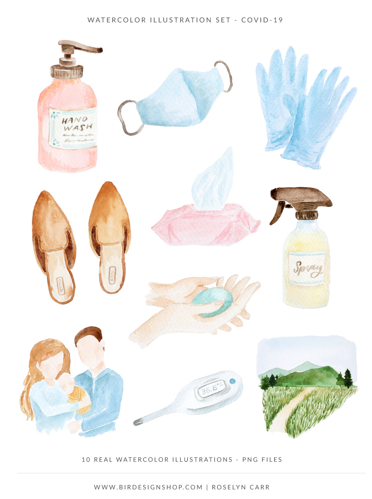 Covid-19 Safety Guidelines Watercolor Illustrations