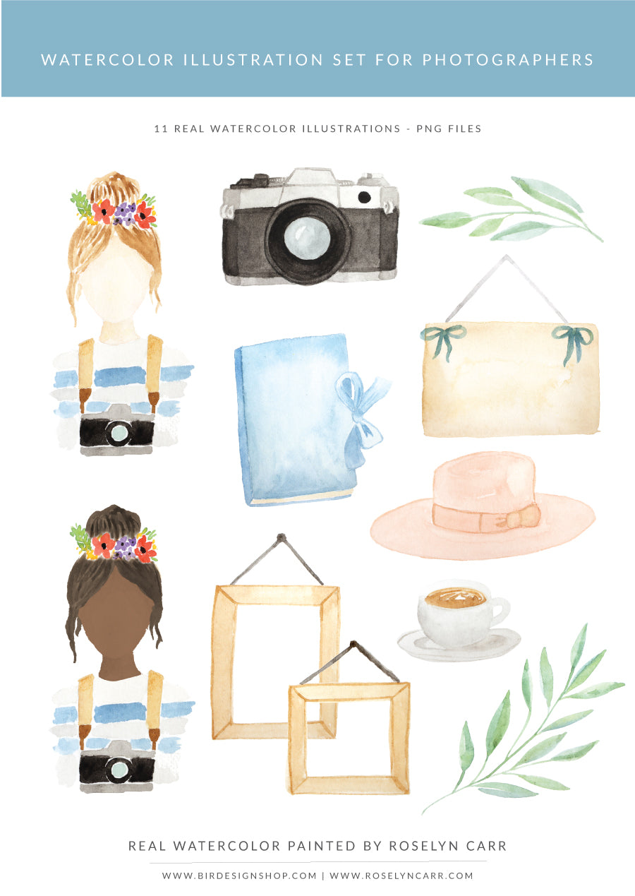 watercolor illustrations pack for photographers - retro camera