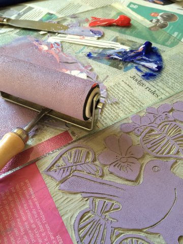 purple ink lino print bird violet