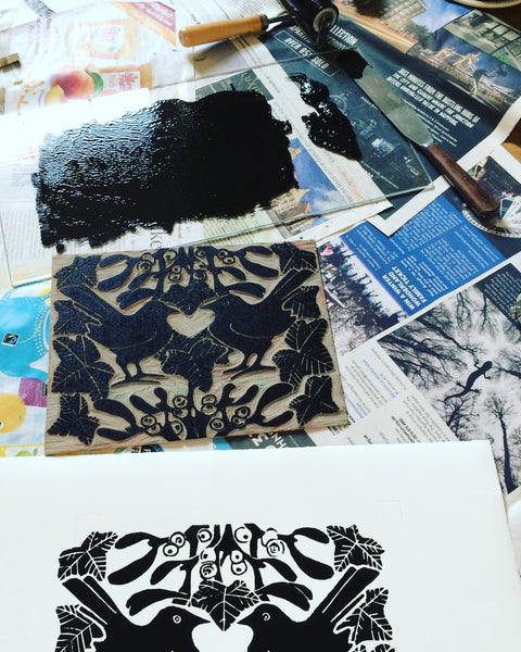 Blackbirds & mistletoe lino printing in progress