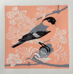 Springtime Blossom & Bullfinch Linocut print by Louise Slater